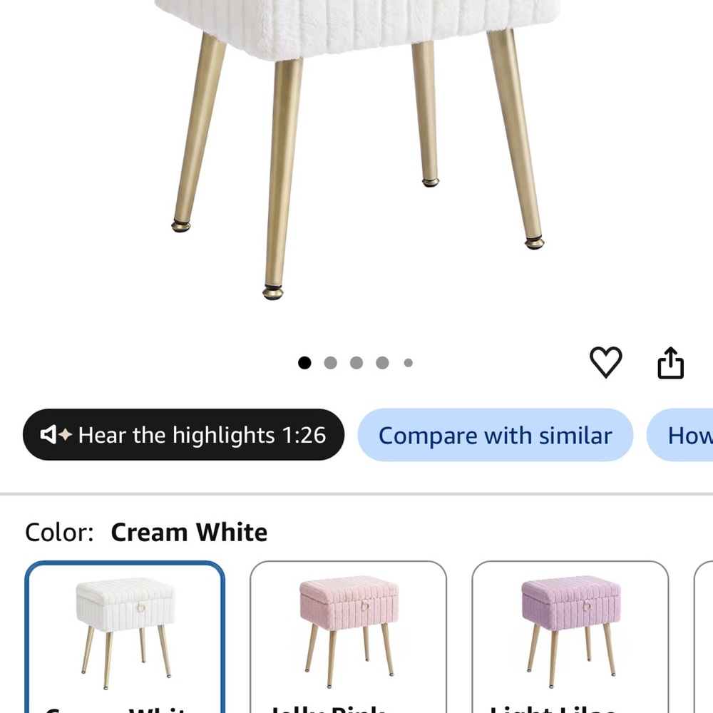 Cream White Upholstered Accent Stool with Gold Legs - Stylish Vanity Seating